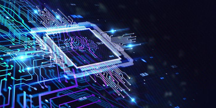 AI-powered microchip with glowing circuits and data pathways on a dark background.