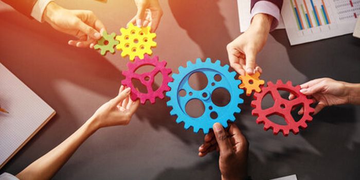 Six hands holding colorful interlocked gears, symbolising teamwork and collaboration in ERP implementation