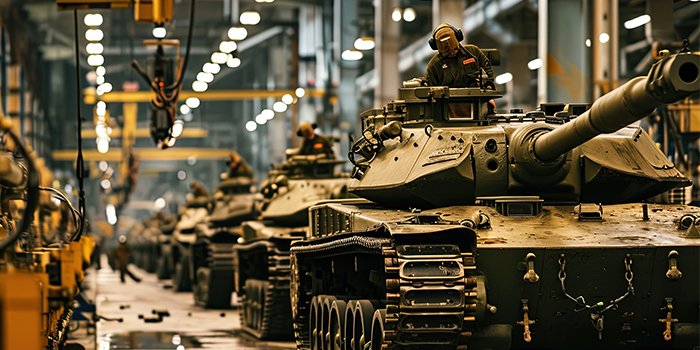 Military tanks being assembled in a large, well-lit factory with workers and machinery visible