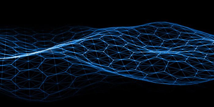 Abstract blue wireframe wave pattern on a black background.