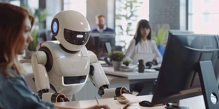 An AI robot works amongst humans in the office