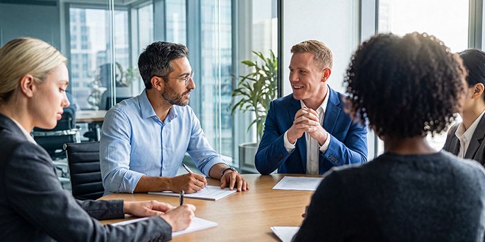 business professionals engaging in a productive corporate meeting, showing programme delivery