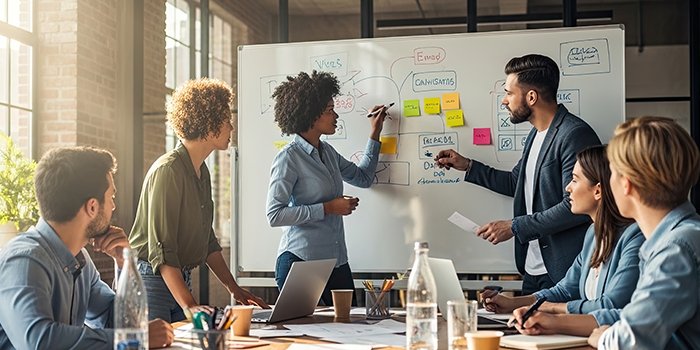 People working on a white board to show continuous change