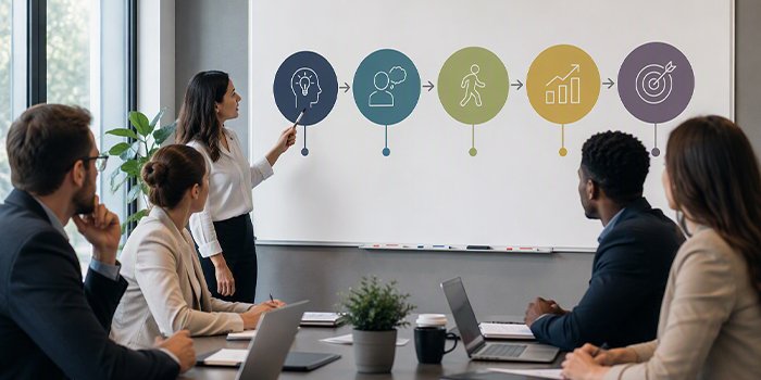 Team members in a boardroom reviewing the ADKAR framework on a whiteboard during a change management workshop.